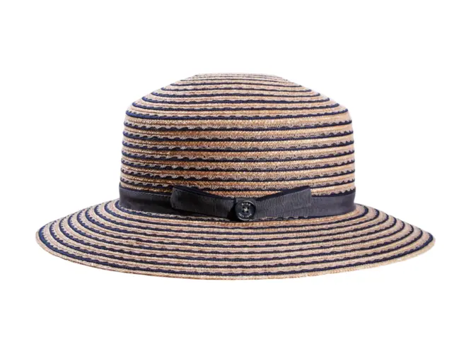 Damenhut Cloche gestreift in Marine/Natur mit Rebsband