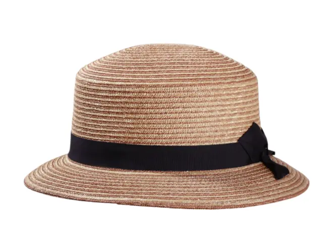 Damen Cloche-Hut aus Weizenstroh mit marineblauem bzw. nougatfarbenem Rebsband