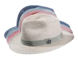 Fedora-Strohhut aus Hanf zweifarbig in Vanille, Apricot, Silber und Marine mit farbigem Hutband