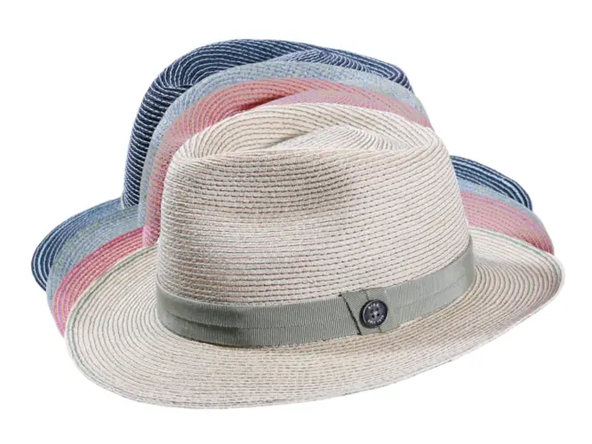 Fedora-Strohhut aus Hanf zweifarbig in Vanille, Apricot, Silber und Marine mit farbigem Hutband