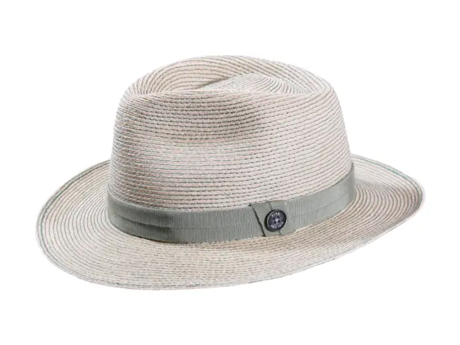 Fedora-Strohhut aus Hanf zweifarbig in Vanille, Apricot, Silber und Marine mit farbigem Hutband