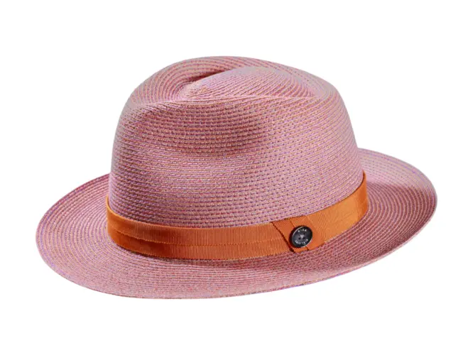 Fedora-Strohhut aus Hanf zweifarbig in Vanille, Apricot, Silber und Marine mit farbigem Hutband