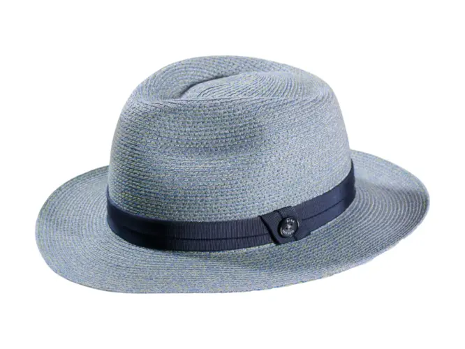 Fedora-Strohhut aus Hanf zweifarbig in Vanille, Apricot, Silber und Marine mit farbigem Hutband