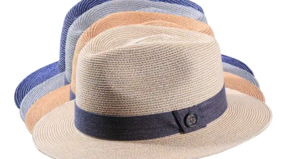 Fedora Sommerhut aus Hanf mit blauem Baumwollband in Naturtönen