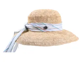 Damenhut aus Raffia mit gestreiftem Textilband in Pastellfarben