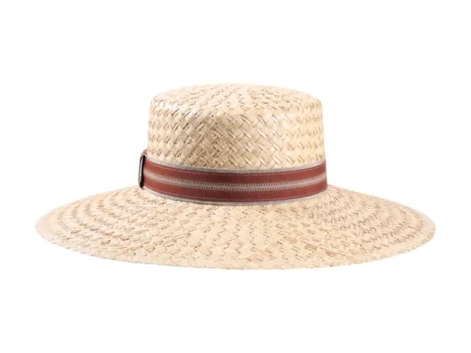 Damen Sommerhut Cloche Palmier aus 100% Stroh mit gestreiftem Leinenhutband.