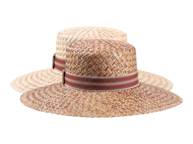 Damen Sommerhut Cloche Palmier aus 100% Stroh mit gestreiftem Leinenhutband.