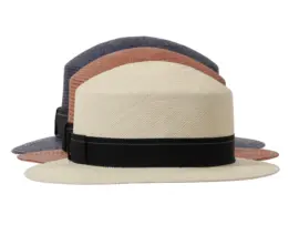 Damencloche aus Panamastroh in Natur, Camel und Navy mit marinefarbenem Rebsband