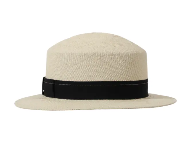 Damencloche aus Panamastroh in Natur, Camel und Navy mit marinefarbenem Rebsband