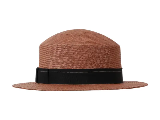 Damencloche aus Panamastroh in Natur, Camel und Navy mit marinefarbenem Rebsband