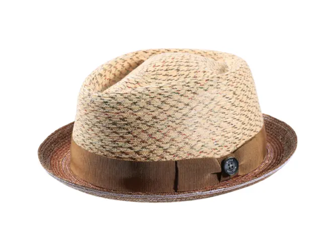 Strohhut Fedora mit luftiger Krone und farbigem Textil-Hutband mit Risa-Knopf