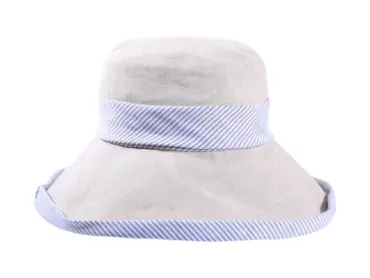 Damen Sommerhut Tiffany in Weiß und Hellbeige mit gestreiftem Leinenband.