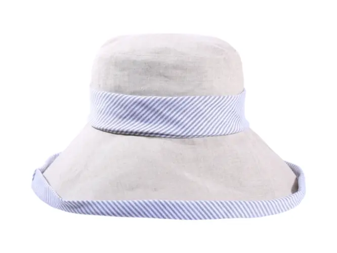 Damen Sommerhut Tiffany in Weiß und Hellbeige mit gestreiftem Leinenband.