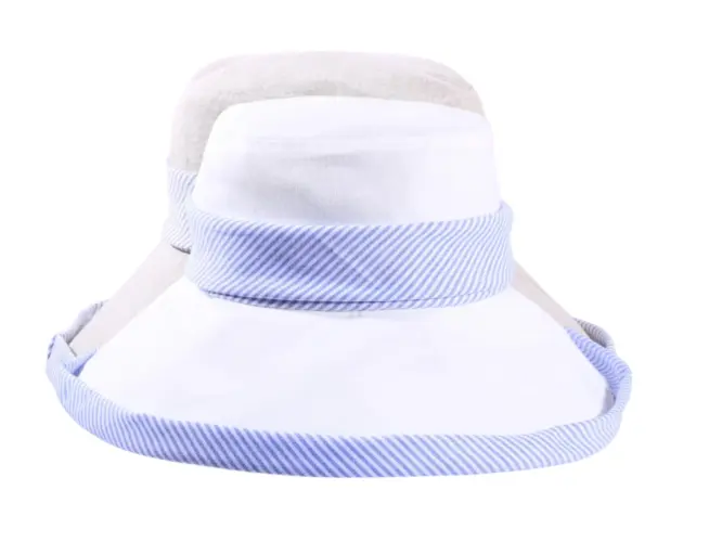 Damen Sommerhut Tiffany in Weiß und Hellbeige mit gestreiftem Leinenband.