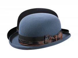 Bowler Rugged Haarfilzhut mit Rebsband und Lederkordel, handgefertigt in der Schweiz