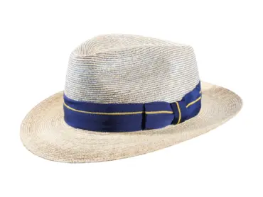 Strohhut Bogart aus Weizenstroh mit blauem Rebsband und gelber Zierlinie