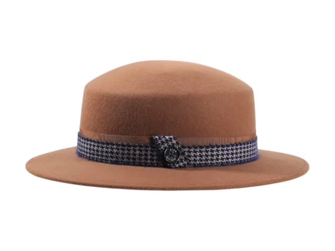 Cloche Damenhut Wollfilz mit Pied de Poule Mohairband – Risa Handarbeit Schweiz